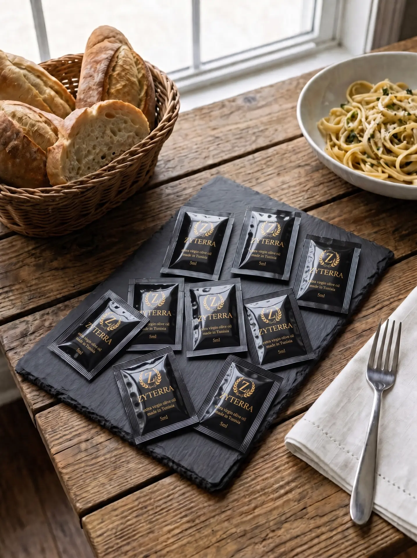 Bustine monodose ZYTERRA da 5 ml su un vassoio in ardesia, con pane e pasta