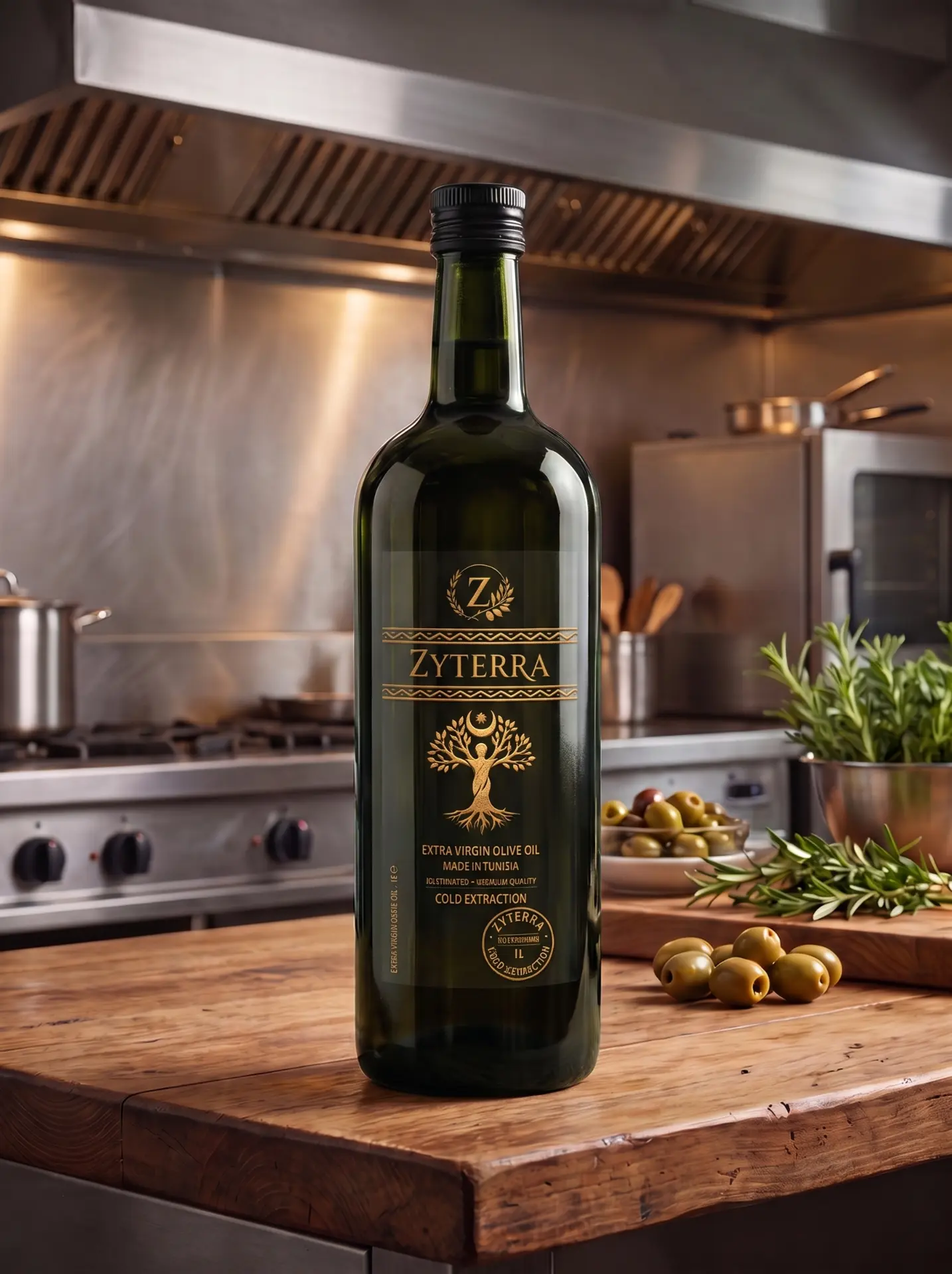 Bottiglia d'olio ZYTERRA sul piano di lavoro di una cucina professionale