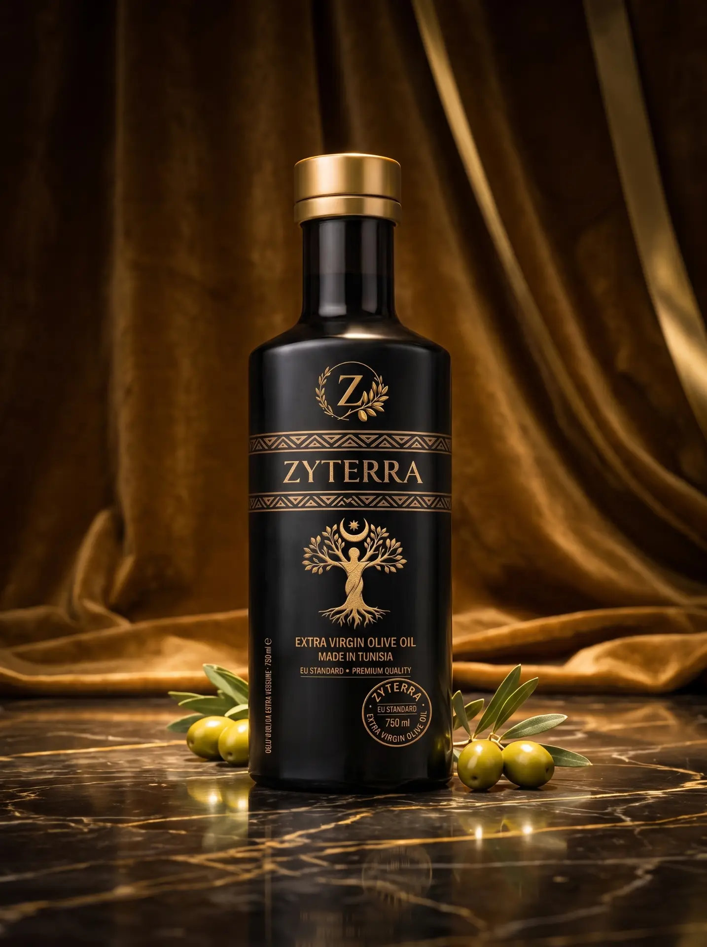 Bottiglia ZYTERRA Riserva nera e oro su marmo scuro, con olive verdi e drappo dorato sullo sfondo