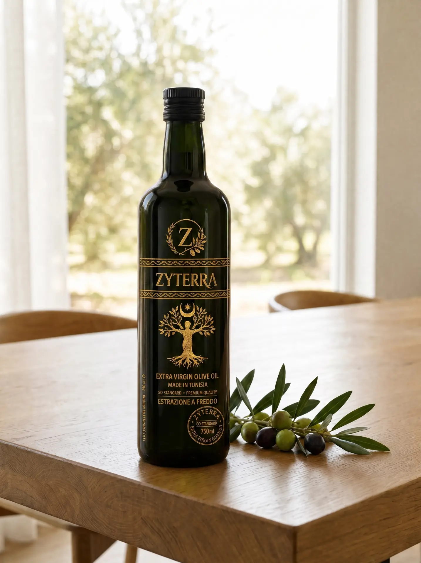 Bottiglia ZYTERRA da 750 ml di olio d'oliva vergine nell'uliveto