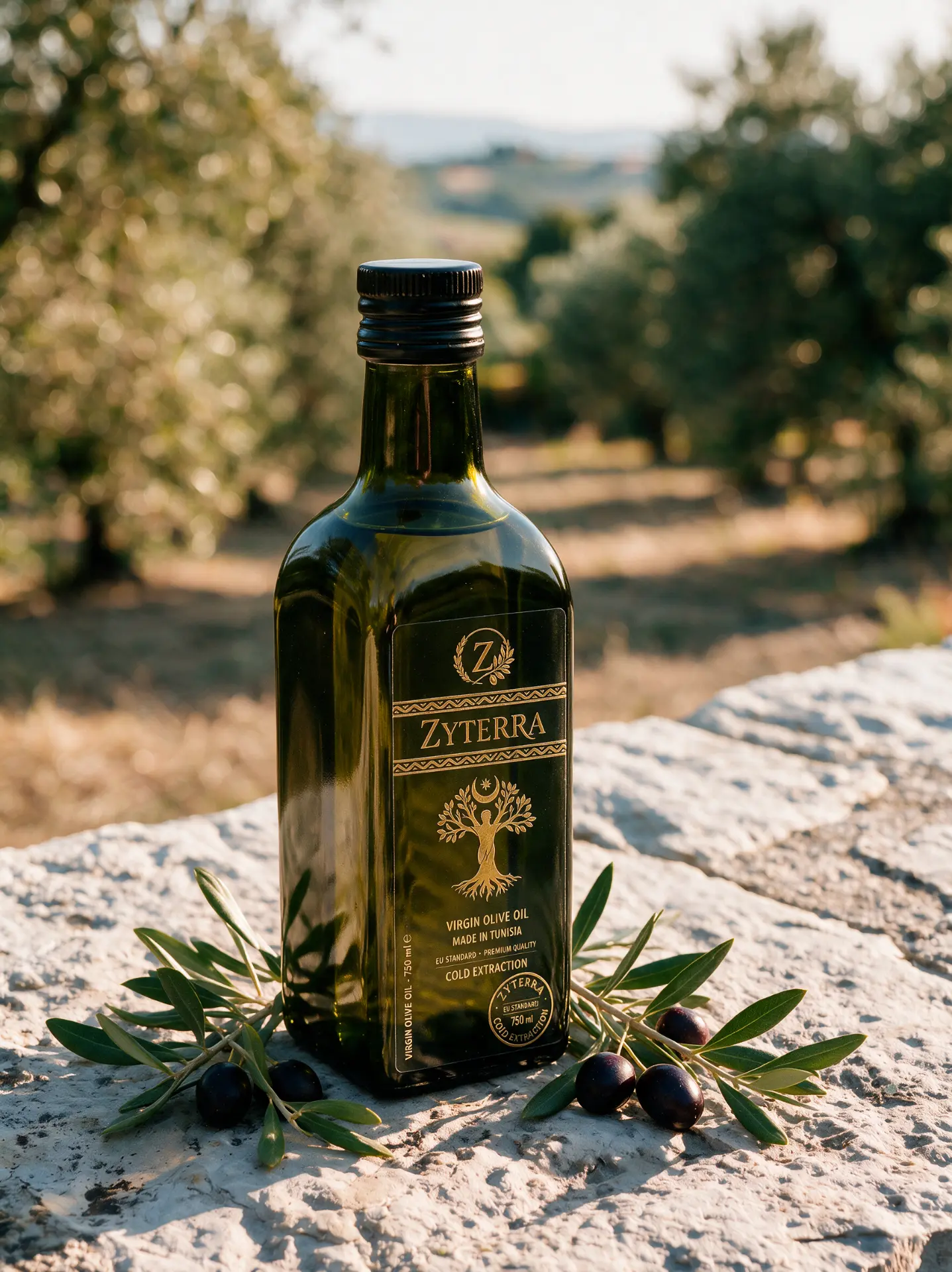 Bottiglia ZYTERRA di olio d'oliva vergine su un muretto in pietra, con rami e olive nere, nell'uliveto al tramonto